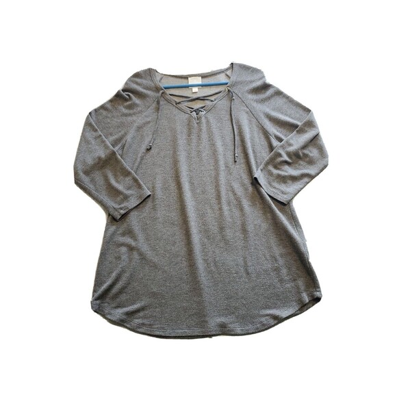 Womens Large Top 3/4 Sleeve Heathered Gray Lace Up Neckline Sunday Tunic Length - Picture 1 of 8
